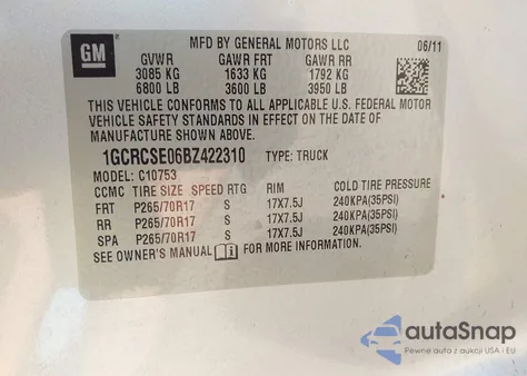 2011 Chevrolet Silverado 1500 Lt из США, поврежденный, VIN 1GCRCSE06BZ422310